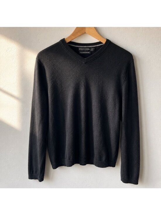 Structure Other - Vintage Y2K Structure Black Merino Wool V Neck Sweater Mens L Made in UK